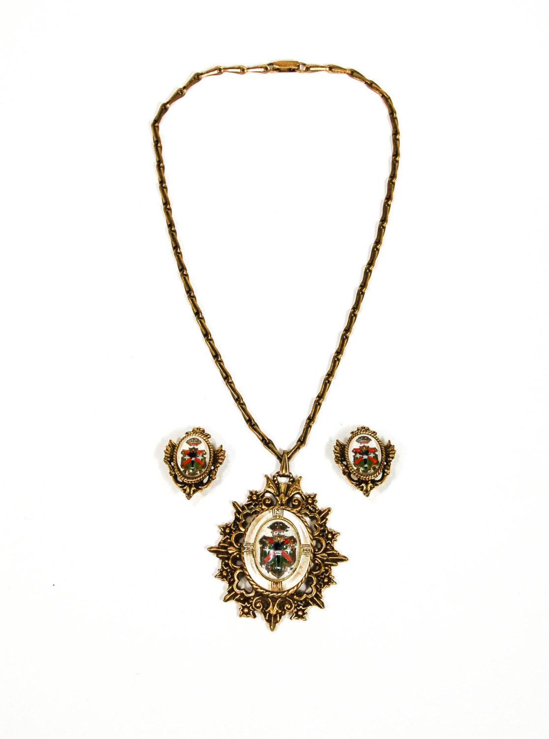Coat of Arms Pendant Necklace and Earrings Set by 1960s Vintage - Vintage Meet Modern Vintage Jewelry - Chicago, Illinois - #oldhollywoodglamour #vintagemeetmodern #designervintage #jewelrybox #antiquejewelry #vintagejewelry