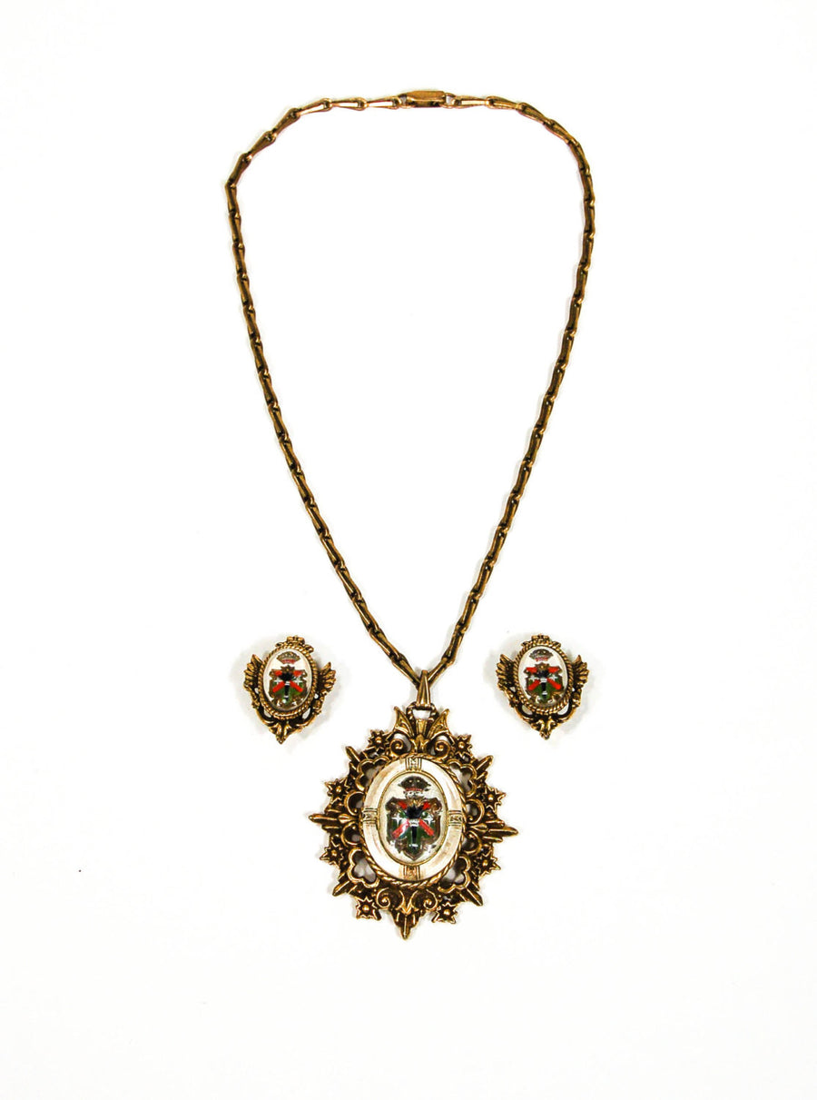 Coat of Arms Pendant Necklace and Earrings Set by 1960s Vintage - Vintage Meet Modern Vintage Jewelry - Chicago, Illinois - #oldhollywoodglamour #vintagemeetmodern #designervintage #jewelrybox #antiquejewelry #vintagejewelry