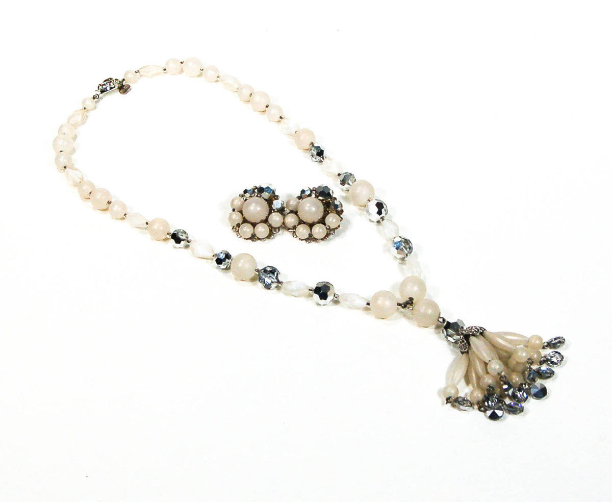 Moonglow Lucite and Silver Crystal Beaded Tassel Necklace and Earring Set by Judy Lee