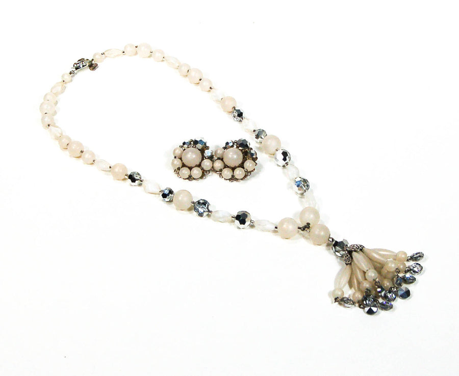 Moonglow Lucite and Silver Crystal Beaded Tassel Necklace and Earring Set by Judy Lee by Judy Lee - Vintage Meet Modern Vintage Jewelry - Chicago, Illinois - #oldhollywoodglamour #vintagemeetmodern #designervintage #jewelrybox #antiquejewelry #vintagejewelry