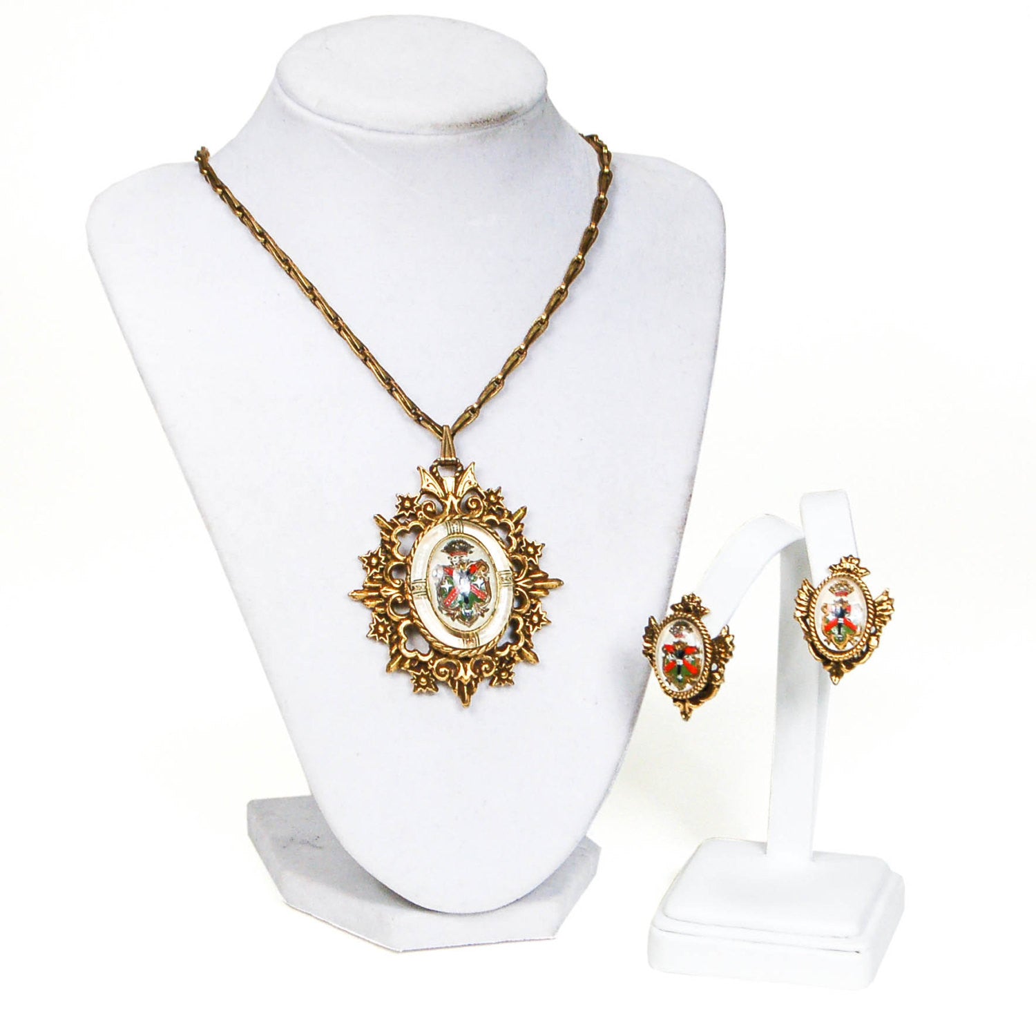 Coat of Arms Pendant Necklace and Earrings Set by 1960s Vintage - Vintage Meet Modern Vintage Jewelry - Chicago, Illinois - #oldhollywoodglamour #vintagemeetmodern #designervintage #jewelrybox #antiquejewelry #vintagejewelry