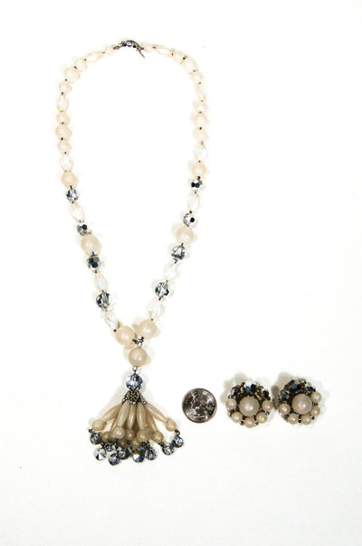 Moonglow Lucite and Silver Crystal Beaded Tassel Necklace and Earring Set by Judy Lee by Judy Lee - Vintage Meet Modern Vintage Jewelry - Chicago, Illinois - #oldhollywoodglamour #vintagemeetmodern #designervintage #jewelrybox #antiquejewelry #vintagejewelry
