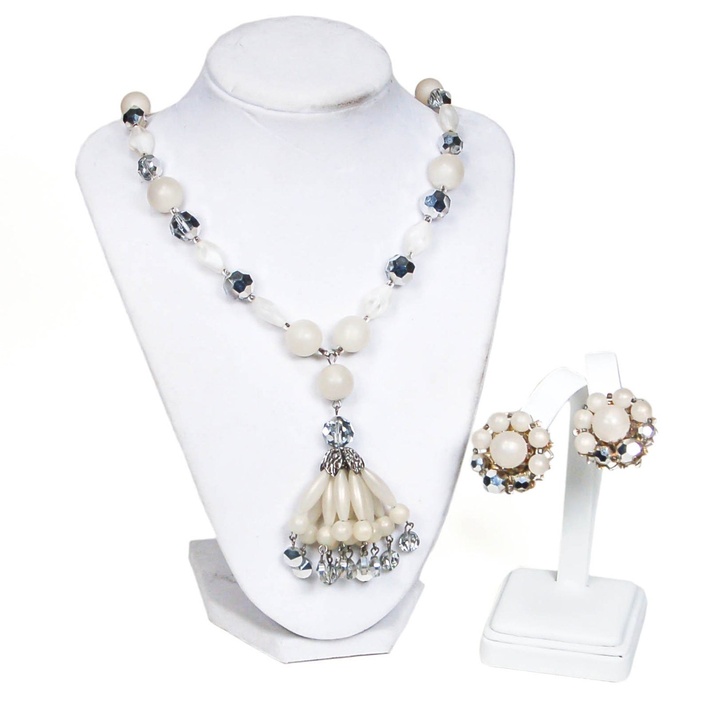 Moonglow Lucite and Silver Crystal Beaded Tassel Necklace and Earring Set by Judy Lee by Judy Lee - Vintage Meet Modern Vintage Jewelry - Chicago, Illinois - #oldhollywoodglamour #vintagemeetmodern #designervintage #jewelrybox #antiquejewelry #vintagejewelry
