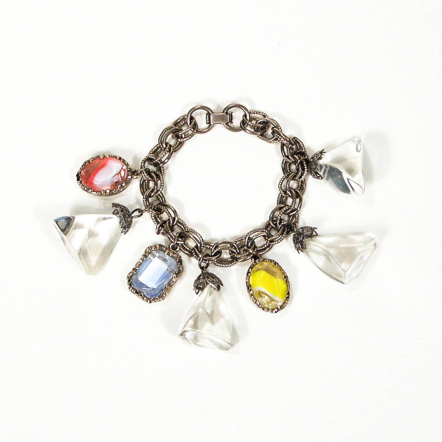 Pretty Pastel Colors and Lucite Cubes Charm Bracelet Mid Century Modern Era by 1960s Vintage - Vintage Meet Modern Vintage Jewelry - Chicago, Illinois - #oldhollywoodglamour #vintagemeetmodern #designervintage #jewelrybox #antiquejewelry #vintagejewelry