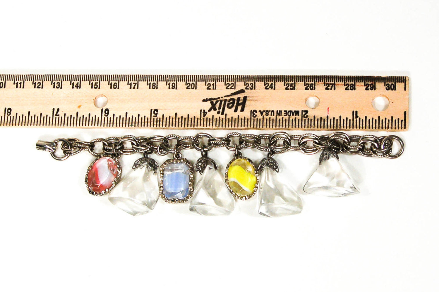 Pretty Pastel Colors and Lucite Cubes Charm Bracelet Mid Century Modern Era by 1960s Vintage - Vintage Meet Modern Vintage Jewelry - Chicago, Illinois - #oldhollywoodglamour #vintagemeetmodern #designervintage #jewelrybox #antiquejewelry #vintagejewelry