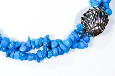 Turquoise Necklace, Torsade, Silver Shell Clasp, Beach, Summer, Designer, Vintage Jewelry by 1980s - Vintage Meet Modern Vintage Jewelry - Chicago, Illinois - #oldhollywoodglamour #vintagemeetmodern #designervintage #jewelrybox #antiquejewelry #vintagejewelry