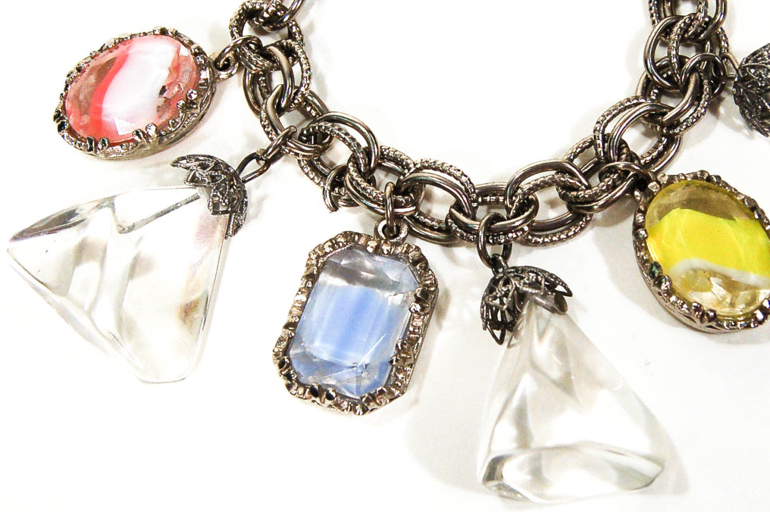 Pretty Pastel Colors and Lucite Cubes Charm Bracelet Mid Century Modern Era by 1960s Vintage - Vintage Meet Modern Vintage Jewelry - Chicago, Illinois - #oldhollywoodglamour #vintagemeetmodern #designervintage #jewelrybox #antiquejewelry #vintagejewelry