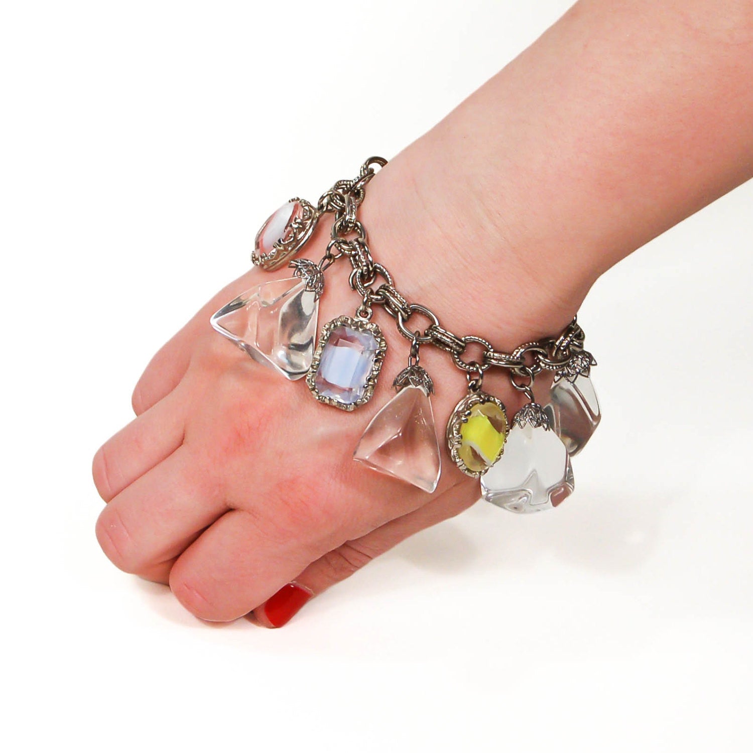 Pretty Pastel Colors and Lucite Cubes Charm Bracelet Mid Century Modern Era by 1960s Vintage - Vintage Meet Modern Vintage Jewelry - Chicago, Illinois - #oldhollywoodglamour #vintagemeetmodern #designervintage #jewelrybox #antiquejewelry #vintagejewelry