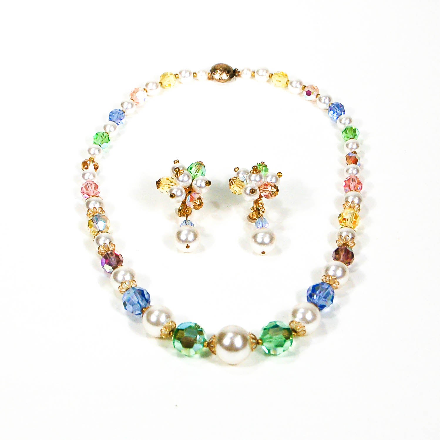 1960's Pastel Crystal and Pearl Necklace and Earrings Set by 1960s Vintage - Vintage Meet Modern Vintage Jewelry - Chicago, Illinois - #oldhollywoodglamour #vintagemeetmodern #designervintage #jewelrybox #antiquejewelry #vintagejewelry