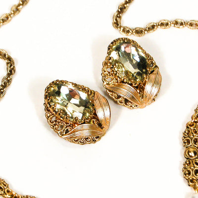 Lemon Quartz Filigree Rhinestone Necklace and Earrings Set by 1950's - Vintage Meet Modern Vintage Jewelry - Chicago, Illinois - #oldhollywoodglamour #vintagemeetmodern #designervintage #jewelrybox #antiquejewelry #vintagejewelry