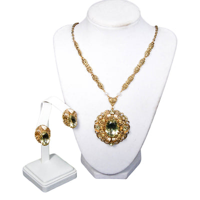 Lemon Quartz Filigree Rhinestone Necklace and Earrings Set by 1950's - Vintage Meet Modern Vintage Jewelry - Chicago, Illinois - #oldhollywoodglamour #vintagemeetmodern #designervintage #jewelrybox #antiquejewelry #vintagejewelry