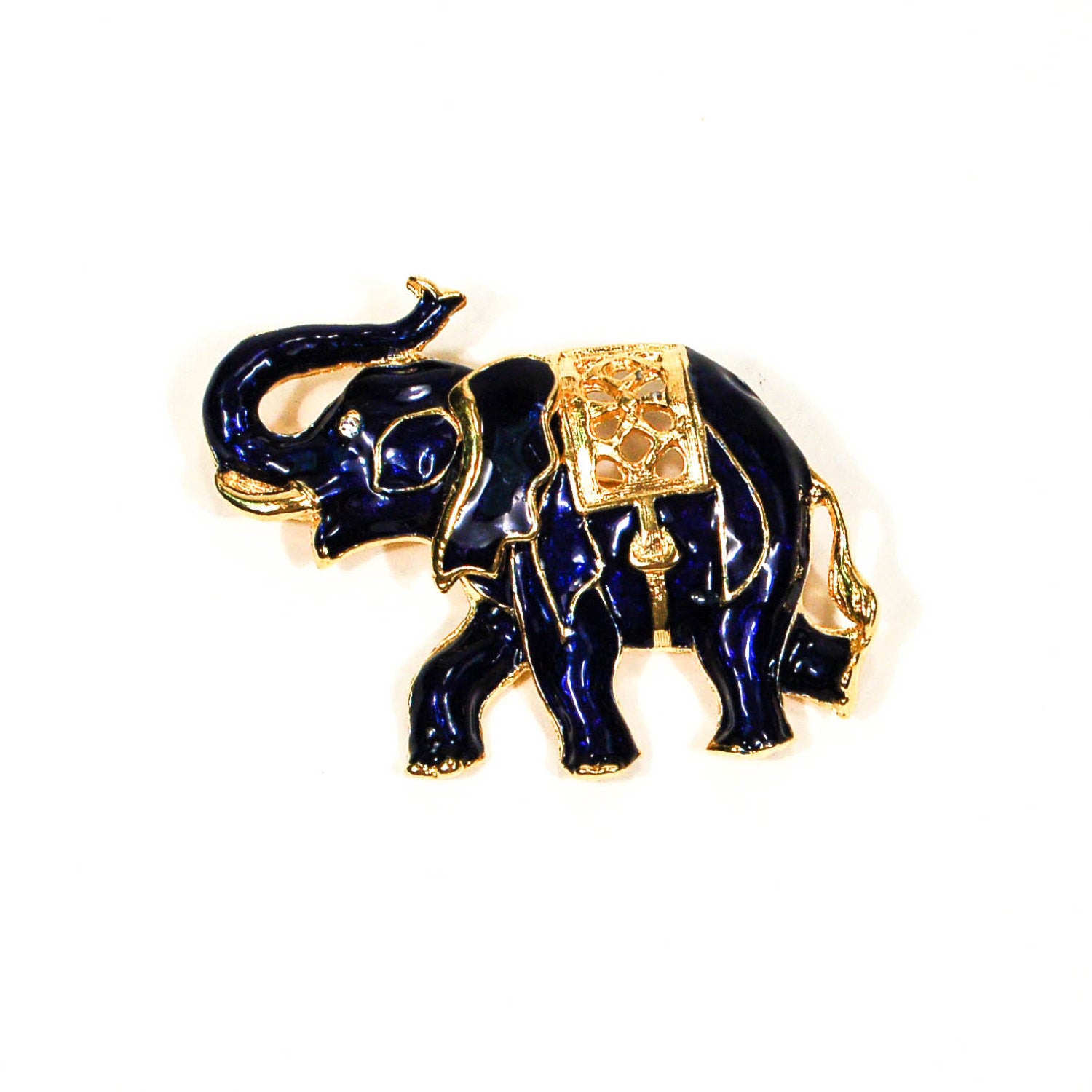 Sapphire Blue and Gold Tone Walking Elephant Brooch by 1970's - Vintage Meet Modern Vintage Jewelry - Chicago, Illinois - #oldhollywoodglamour #vintagemeetmodern #designervintage #jewelrybox #antiquejewelry #vintagejewelry