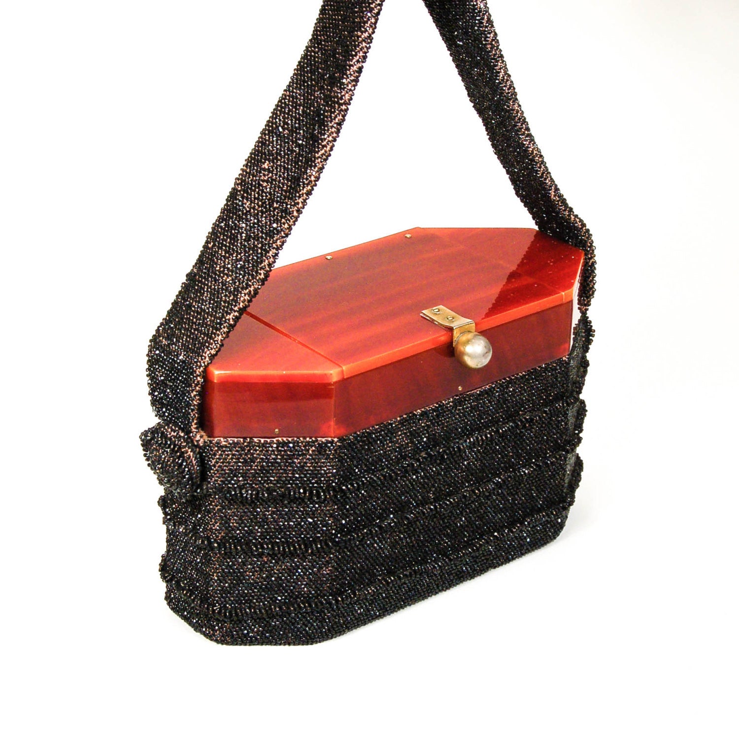 1960's Black Beaded Box Purse with Carnival Glass by 1960s Vintage - Vintage Meet Modern Vintage Jewelry - Chicago, Illinois - #oldhollywoodglamour #vintagemeetmodern #designervintage #jewelrybox #antiquejewelry #vintagejewelry