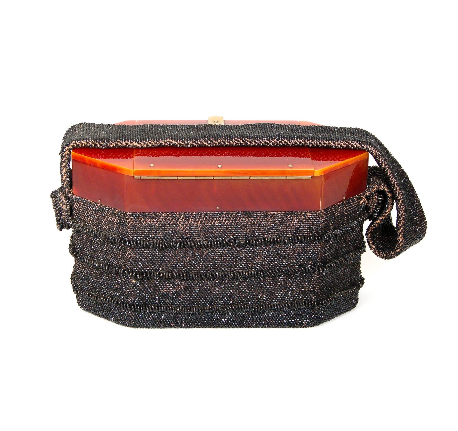 1960's Black Beaded Box Purse with Carnival Glass by 1960s Vintage - Vintage Meet Modern Vintage Jewelry - Chicago, Illinois - #oldhollywoodglamour #vintagemeetmodern #designervintage #jewelrybox #antiquejewelry #vintagejewelry