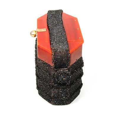 1960's Black Beaded Box Purse with Carnival Glass by 1960s Vintage - Vintage Meet Modern Vintage Jewelry - Chicago, Illinois - #oldhollywoodglamour #vintagemeetmodern #designervintage #jewelrybox #antiquejewelry #vintagejewelry