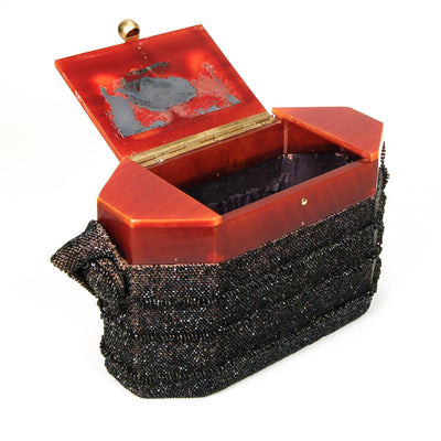 1960's Black Beaded Box Purse with Carnival Glass by 1960s Vintage - Vintage Meet Modern Vintage Jewelry - Chicago, Illinois - #oldhollywoodglamour #vintagemeetmodern #designervintage #jewelrybox #antiquejewelry #vintagejewelry