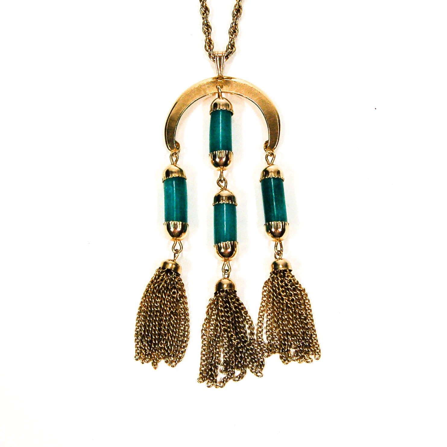1970's Gold Tone Jade Tassel Necklace by 1970's - Vintage Meet Modern Vintage Jewelry - Chicago, Illinois - #oldhollywoodglamour #vintagemeetmodern #designervintage #jewelrybox #antiquejewelry #vintagejewelry