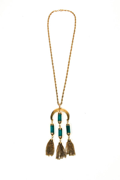 1970's Gold Tone Jade Tassel Necklace by 1970's - Vintage Meet Modern Vintage Jewelry - Chicago, Illinois - #oldhollywoodglamour #vintagemeetmodern #designervintage #jewelrybox #antiquejewelry #vintagejewelry
