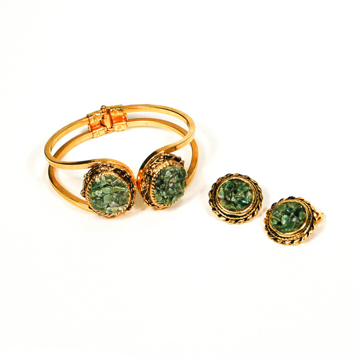 1960's Gold Tone Jade Chip Earrings and Bracelet Set