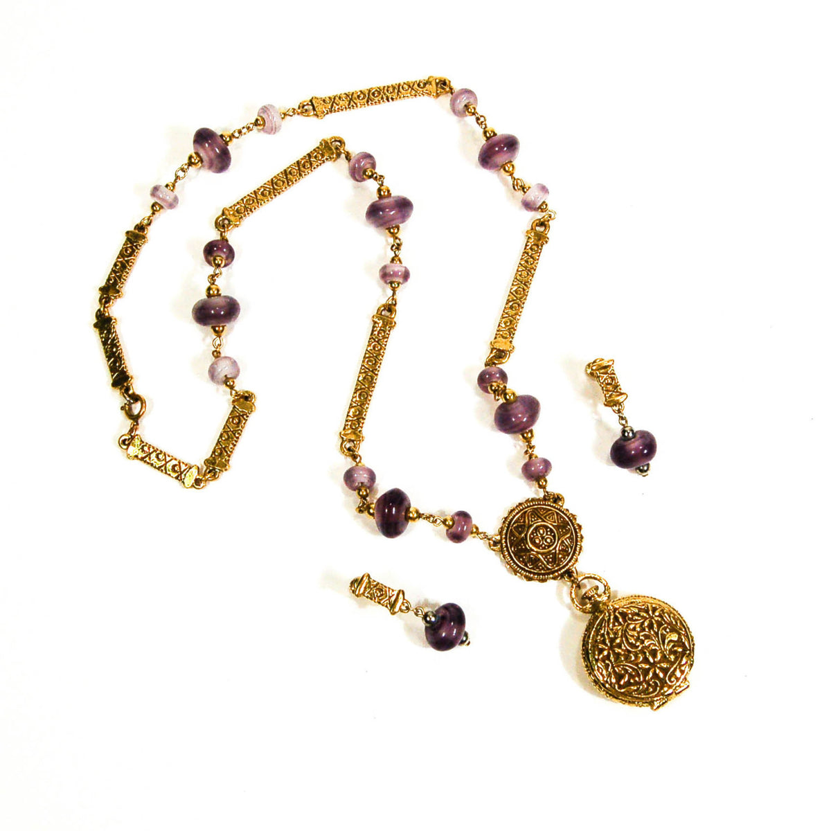 Amethyst Art Glass Locket Necklace and Earrings by Goldette