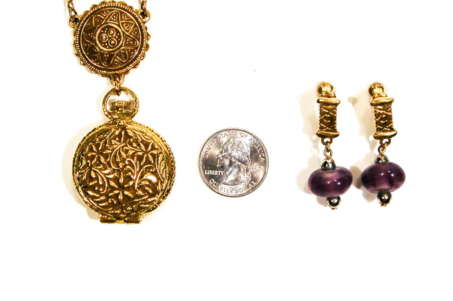 Amethyst Art Glass Locket Necklace and Earrings by Goldette by Goldette - Vintage Meet Modern Vintage Jewelry - Chicago, Illinois - #oldhollywoodglamour #vintagemeetmodern #designervintage #jewelrybox #antiquejewelry #vintagejewelry