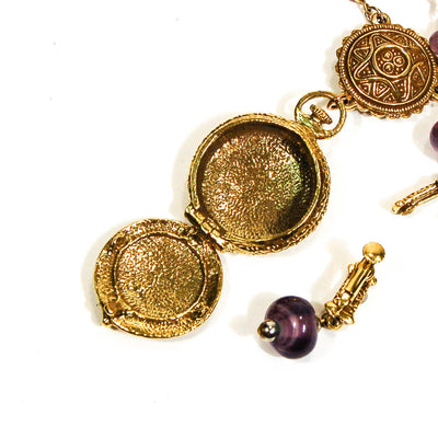 Amethyst Art Glass Locket Necklace and Earrings by Goldette by Goldette - Vintage Meet Modern Vintage Jewelry - Chicago, Illinois - #oldhollywoodglamour #vintagemeetmodern #designervintage #jewelrybox #antiquejewelry #vintagejewelry