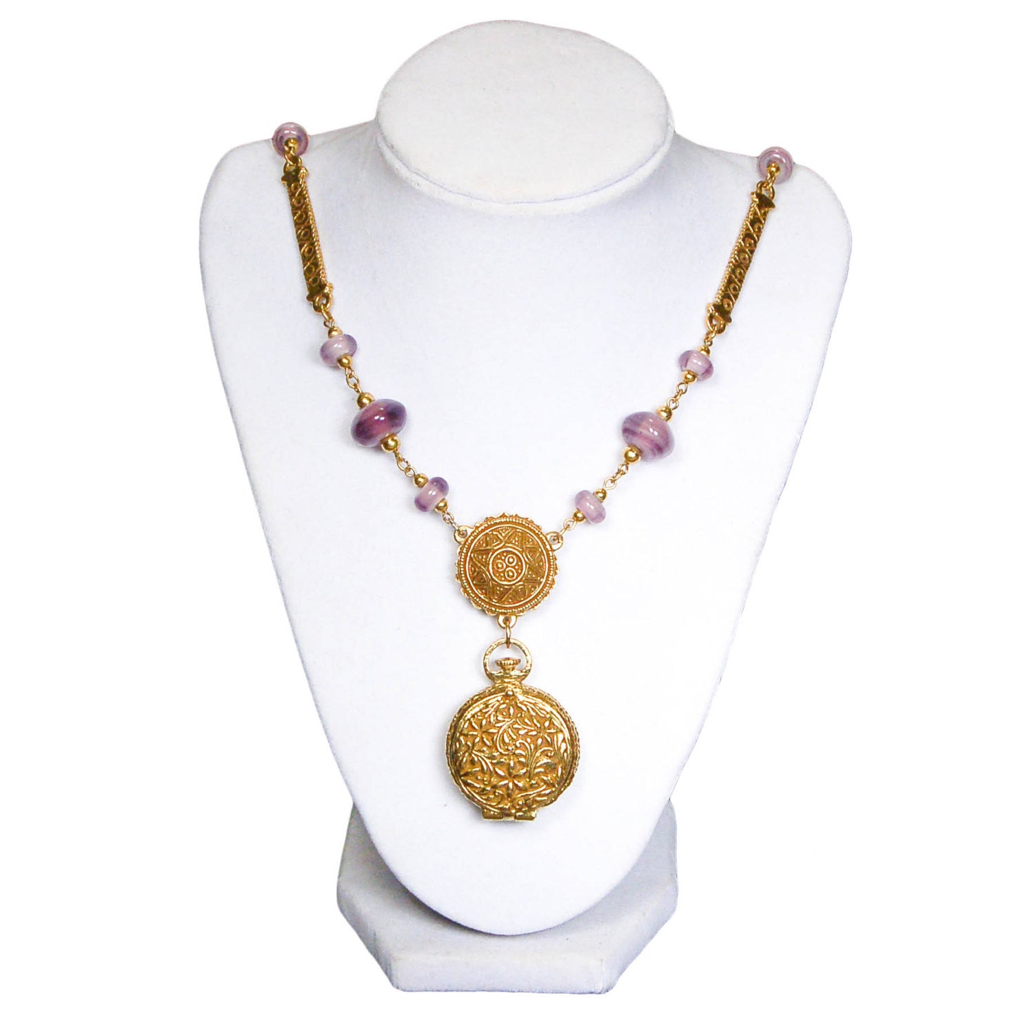 Amethyst Art Glass Locket Necklace and Earrings by Goldette by Goldette - Vintage Meet Modern Vintage Jewelry - Chicago, Illinois - #oldhollywoodglamour #vintagemeetmodern #designervintage #jewelrybox #antiquejewelry #vintagejewelry
