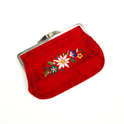 Red Velvet Coin Purse, Embroidered Flowers, Vintage by 1970's - Vintage Meet Modern Vintage Jewelry - Chicago, Illinois - #oldhollywoodglamour #vintagemeetmodern #designervintage #jewelrybox #antiquejewelry #vintagejewelry