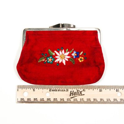 Red Velvet Coin Purse, Embroidered Flowers, Vintage by 1970's - Vintage Meet Modern Vintage Jewelry - Chicago, Illinois - #oldhollywoodglamour #vintagemeetmodern #designervintage #jewelrybox #antiquejewelry #vintagejewelry