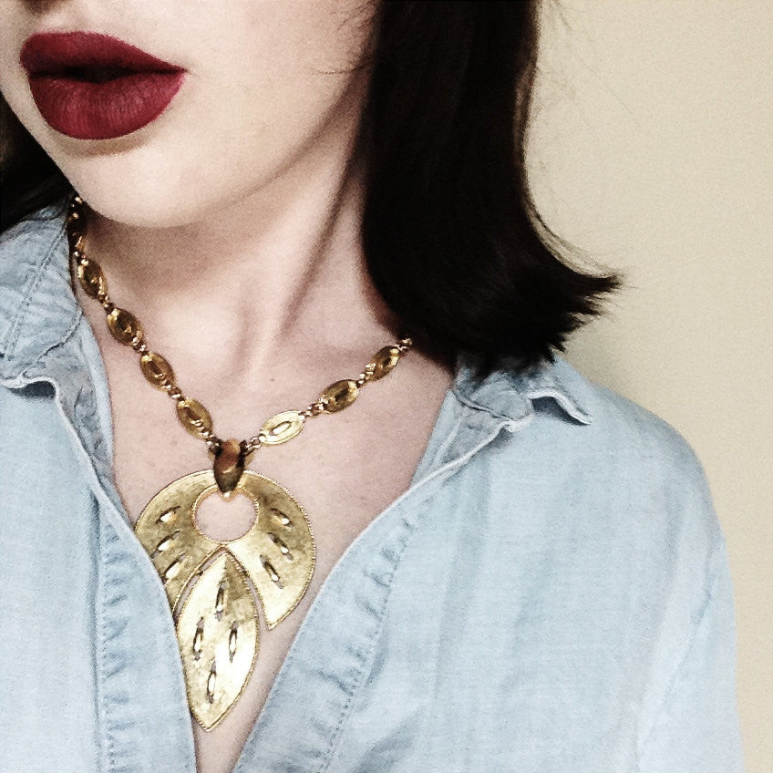 Lotus Leaf Statement Necklace by Unsigned Beauty - Vintage Meet Modern Vintage Jewelry - Chicago, Illinois - #oldhollywoodglamour #vintagemeetmodern #designervintage #jewelrybox #antiquejewelry #vintagejewelry