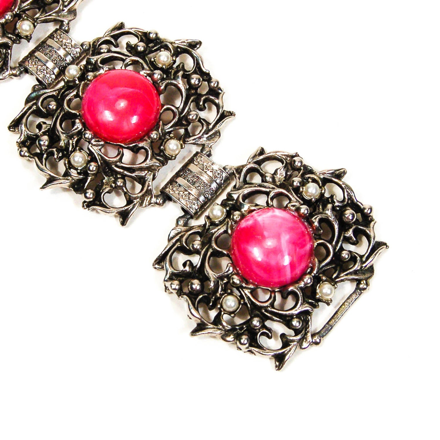 1950's Silver and Pink Lucite Victorian Gothic Bracelet by 1950's - Vintage Meet Modern Vintage Jewelry - Chicago, Illinois - #oldhollywoodglamour #vintagemeetmodern #designervintage #jewelrybox #antiquejewelry #vintagejewelry