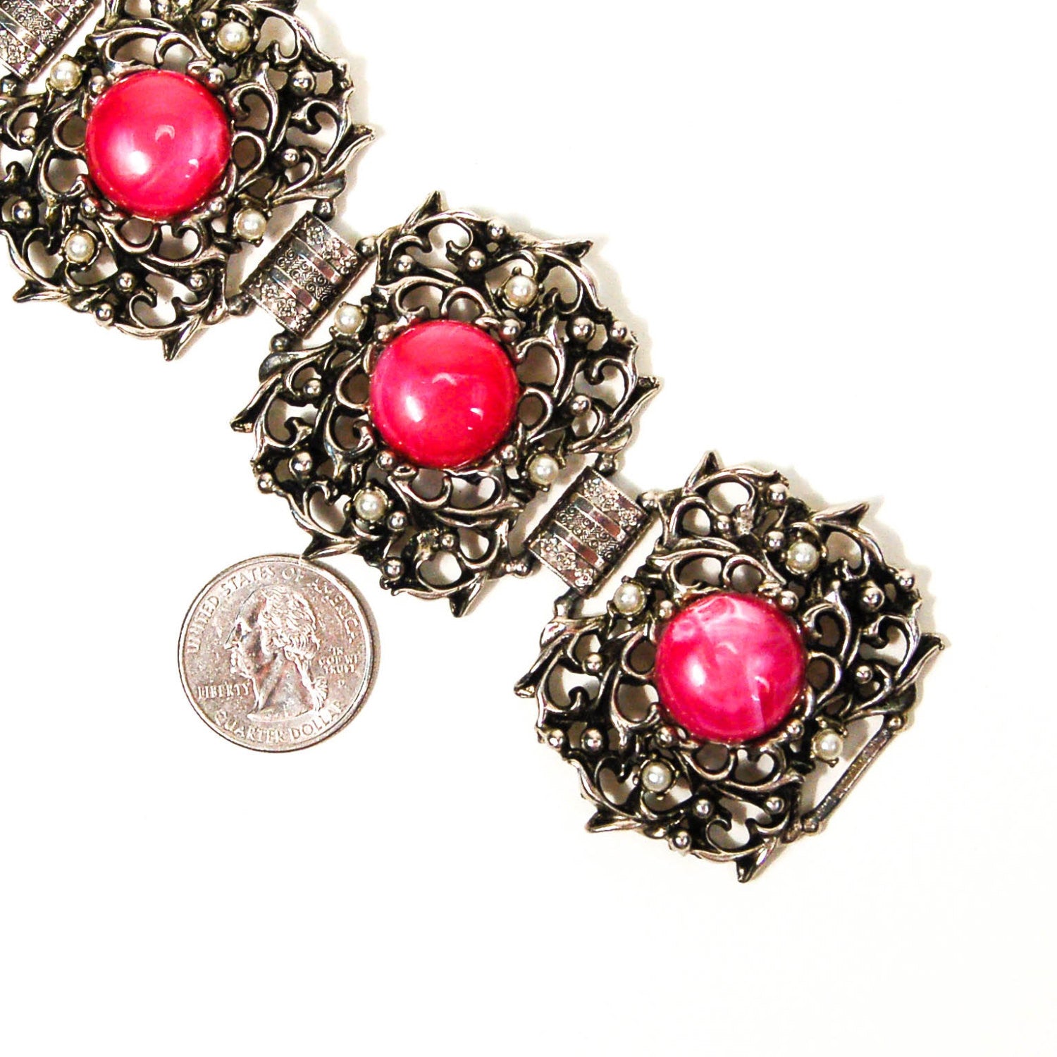 1950's Silver and Pink Lucite Victorian Gothic Bracelet by 1950's - Vintage Meet Modern Vintage Jewelry - Chicago, Illinois - #oldhollywoodglamour #vintagemeetmodern #designervintage #jewelrybox #antiquejewelry #vintagejewelry