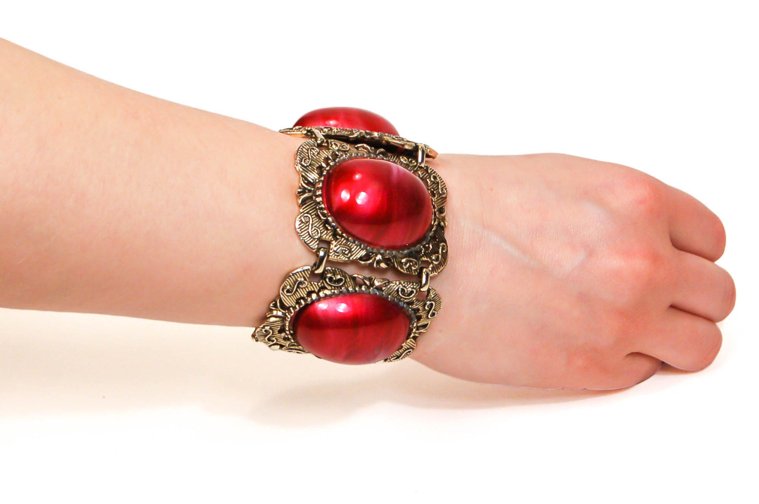 1960's Red and Gold Filigree Wide and Chunky Gothic Revival Bracelet by 1960s Vintage - Vintage Meet Modern Vintage Jewelry - Chicago, Illinois - #oldhollywoodglamour #vintagemeetmodern #designervintage #jewelrybox #antiquejewelry #vintagejewelry