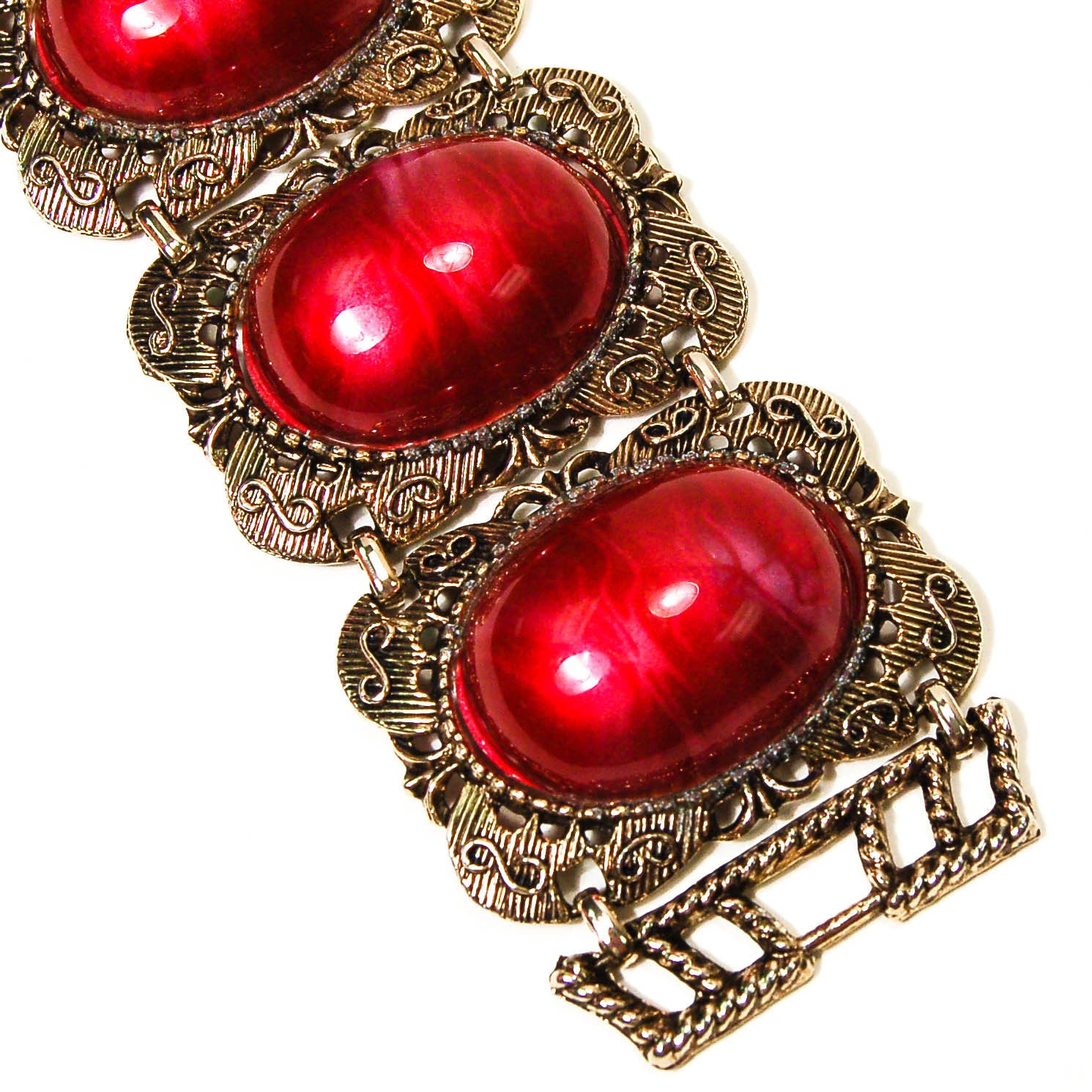 1960's Red and Gold Filigree Wide and Chunky Gothic Revival Bracelet by 1960s Vintage - Vintage Meet Modern Vintage Jewelry - Chicago, Illinois - #oldhollywoodglamour #vintagemeetmodern #designervintage #jewelrybox #antiquejewelry #vintagejewelry