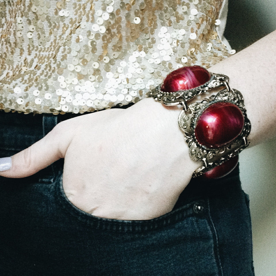 1960's Red and Gold Filigree Wide and Chunky Gothic Revival Bracelet by 1960s Vintage - Vintage Meet Modern Vintage Jewelry - Chicago, Illinois - #oldhollywoodglamour #vintagemeetmodern #designervintage #jewelrybox #antiquejewelry #vintagejewelry