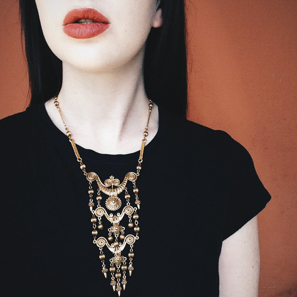 Gold Tone Etruscan Statement Necklace by 1970's - Vintage Meet Modern Vintage Jewelry - Chicago, Illinois - #oldhollywoodglamour #vintagemeetmodern #designervintage #jewelrybox #antiquejewelry #vintagejewelry