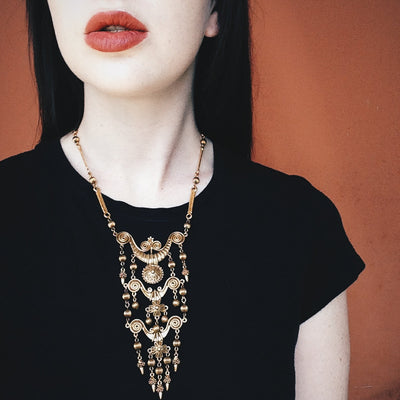 Gold Tone Etruscan Statement Necklace by 1970's - Vintage Meet Modern Vintage Jewelry - Chicago, Illinois - #oldhollywoodglamour #vintagemeetmodern #designervintage #jewelrybox #antiquejewelry #vintagejewelry