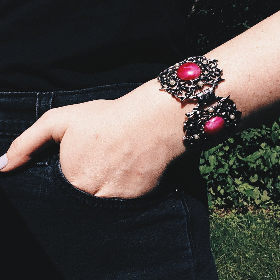 1950's Silver and Pink Lucite Victorian Gothic Bracelet by 1950's - Vintage Meet Modern Vintage Jewelry - Chicago, Illinois - #oldhollywoodglamour #vintagemeetmodern #designervintage #jewelrybox #antiquejewelry #vintagejewelry