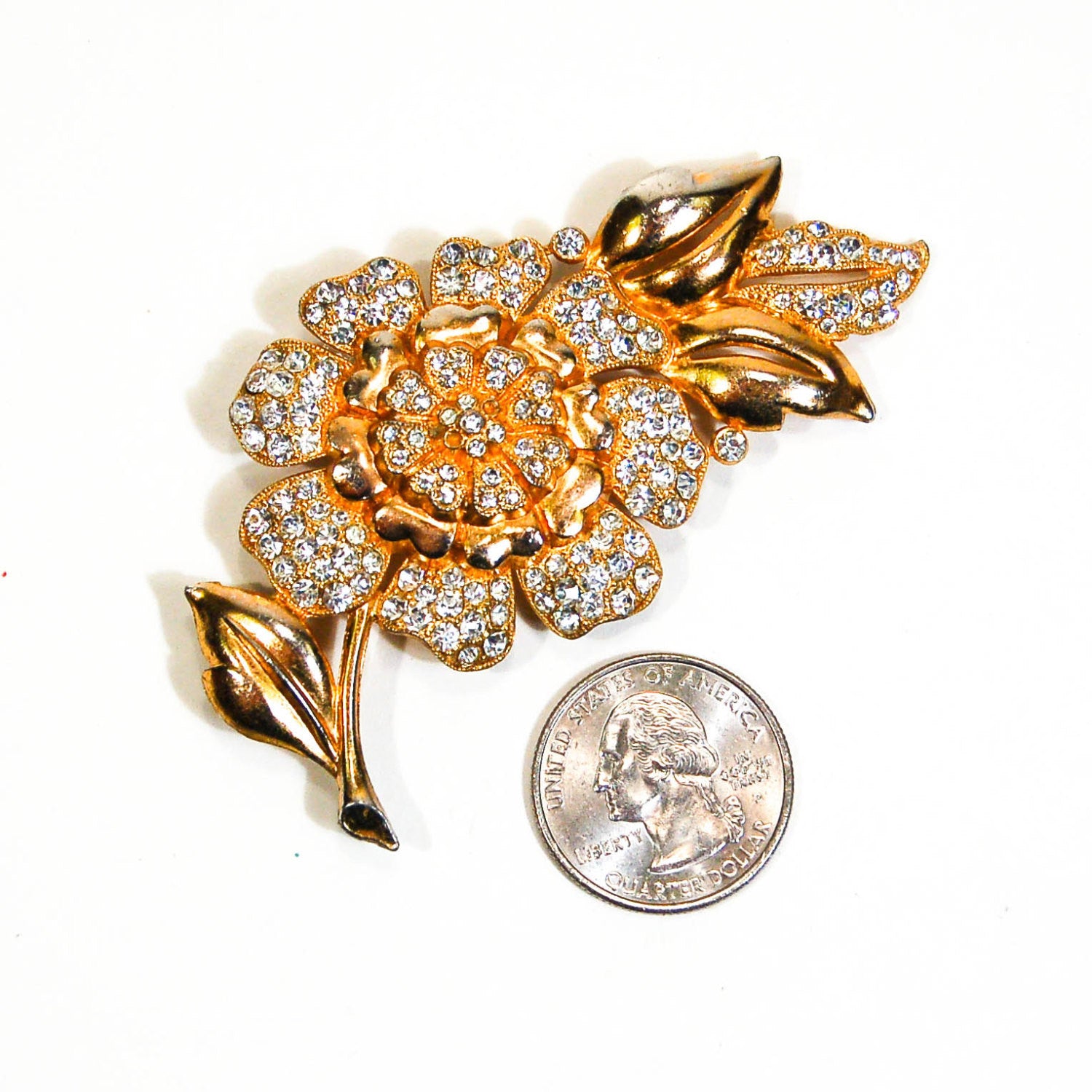 1940's Gilt Gold Rhinestone Flower Brooch by 1940's - Vintage Meet Modern Vintage Jewelry - Chicago, Illinois - #oldhollywoodglamour #vintagemeetmodern #designervintage #jewelrybox #antiquejewelry #vintagejewelry