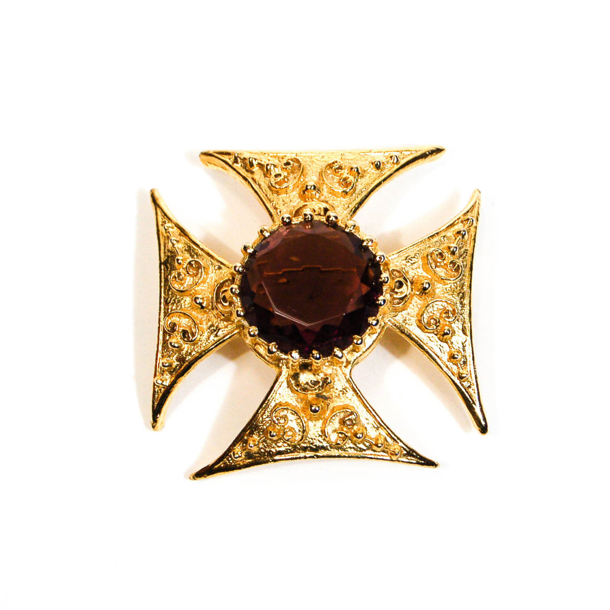 1960's Maltese Cross Brooch with Amethyst Rhinestone Center