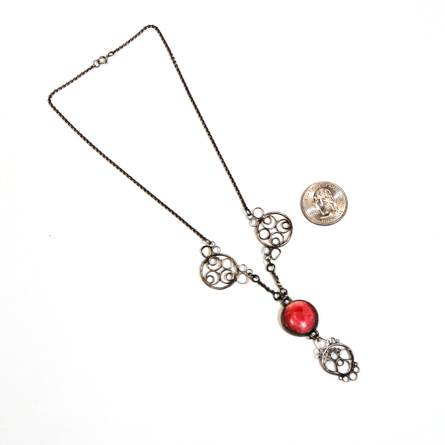 1930's Pink Rhodochrosite Lavalier Necklace by 1930's - Vintage Meet Modern Vintage Jewelry - Chicago, Illinois - #oldhollywoodglamour #vintagemeetmodern #designervintage #jewelrybox #antiquejewelry #vintagejewelry