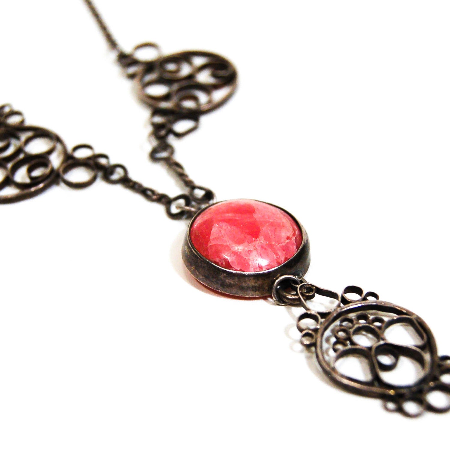 1930's Pink Rhodochrosite Lavalier Necklace by 1930's - Vintage Meet Modern Vintage Jewelry - Chicago, Illinois - #oldhollywoodglamour #vintagemeetmodern #designervintage #jewelrybox #antiquejewelry #vintagejewelry