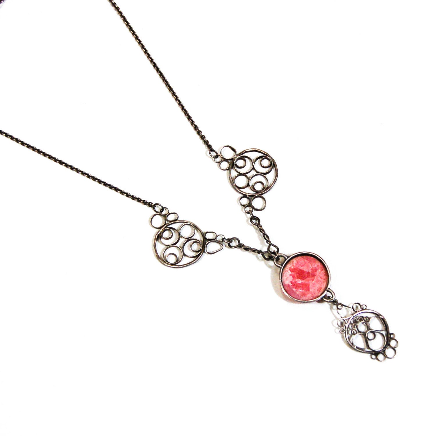 1930's Pink Rhodochrosite Lavalier Necklace by 1930's - Vintage Meet Modern Vintage Jewelry - Chicago, Illinois - #oldhollywoodglamour #vintagemeetmodern #designervintage #jewelrybox #antiquejewelry #vintagejewelry