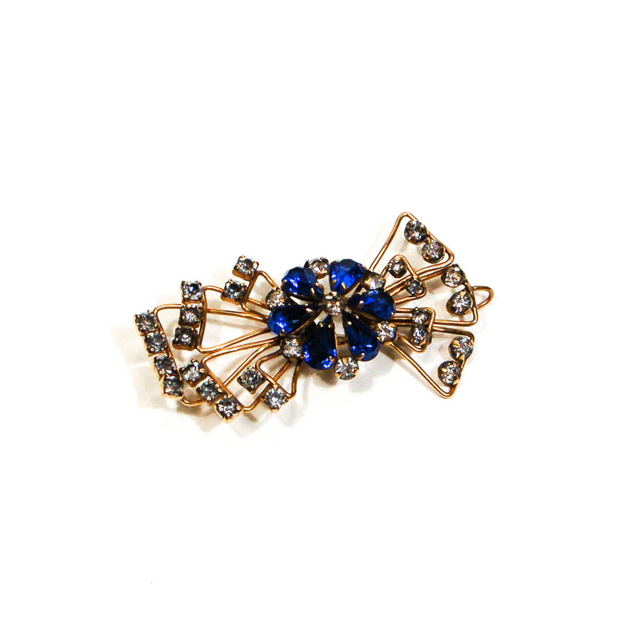 1940s Sapphire Blue Rhinestone Bow Brooch or Pendant Gold Filled Beauty by Marks and Spencer - Vintage Meet Modern Vintage Jewelry - Chicago, Illinois - #oldhollywoodglamour #vintagemeetmodern #designervintage #jewelrybox #antiquejewelry #vintagejewelry