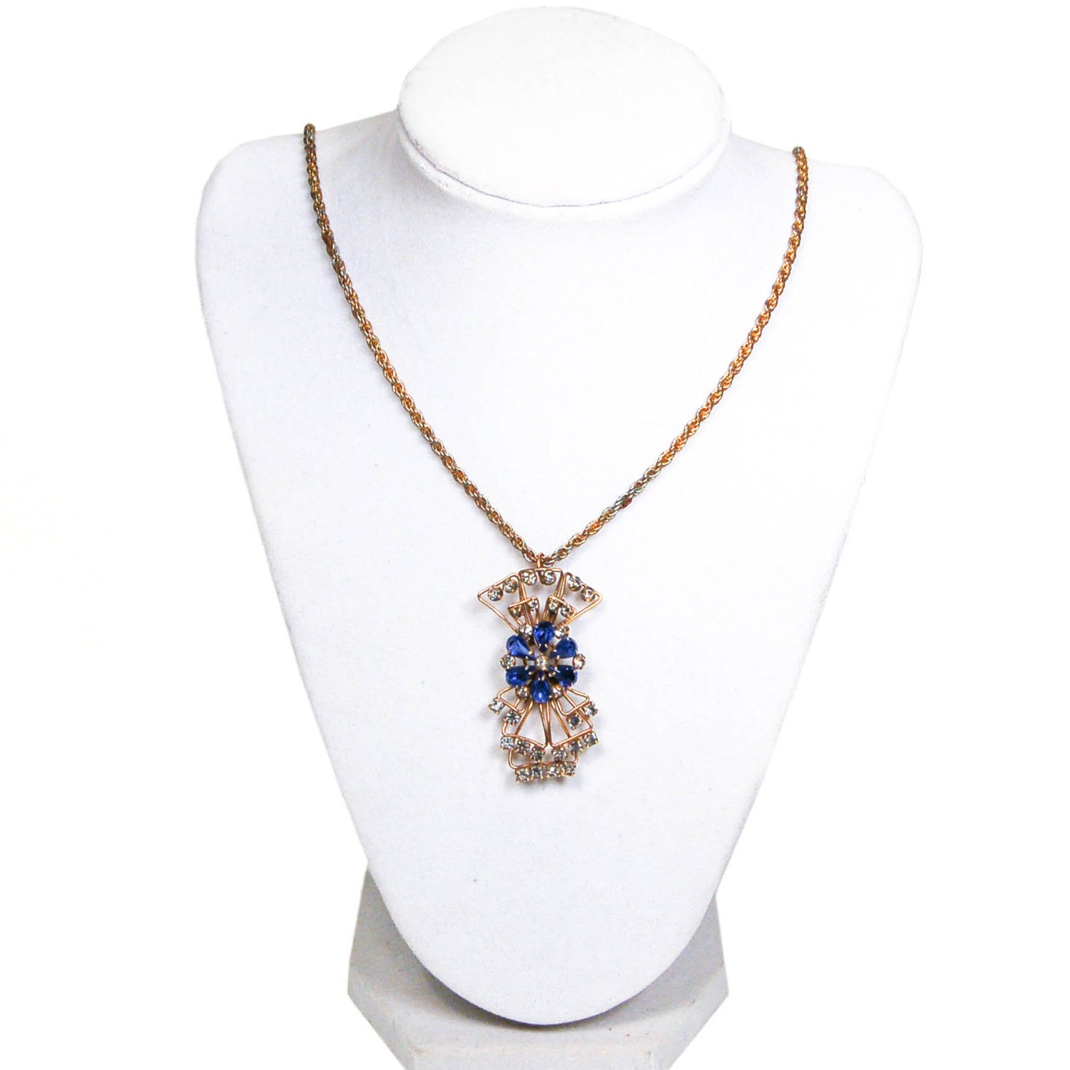 1940s Sapphire Blue Rhinestone Bow Brooch or Pendant Gold Filled Beauty by Marks and Spencer - Vintage Meet Modern Vintage Jewelry - Chicago, Illinois - #oldhollywoodglamour #vintagemeetmodern #designervintage #jewelrybox #antiquejewelry #vintagejewelry