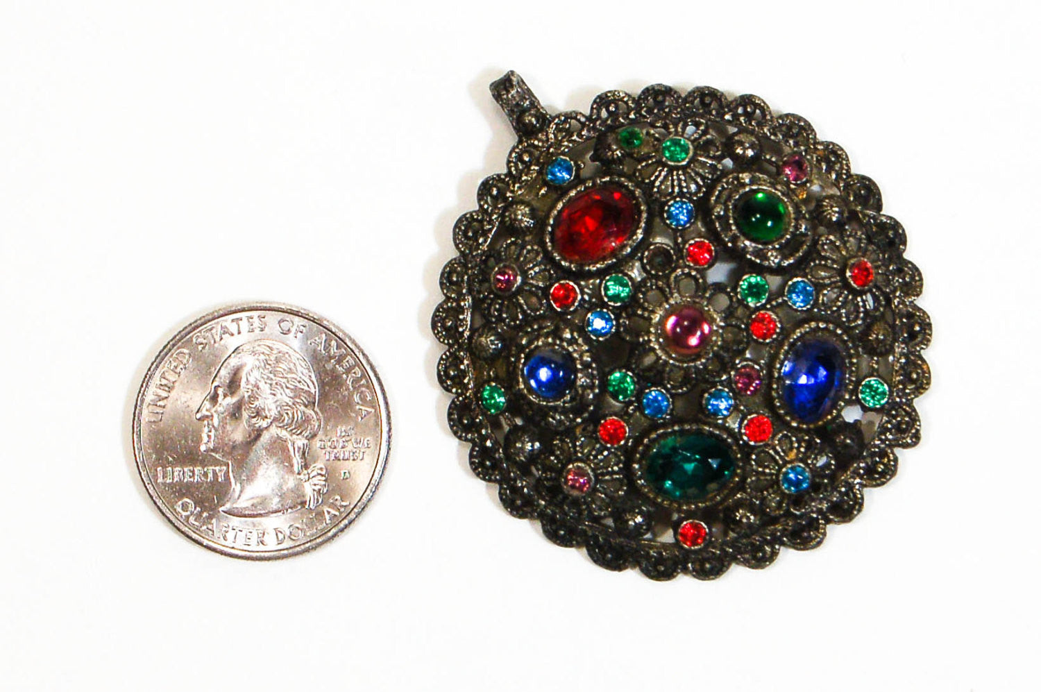1930's Colorful Stained Glass Style Necklace Pendant by New England Glass by New England Glass - Vintage Meet Modern Vintage Jewelry - Chicago, Illinois - #oldhollywoodglamour #vintagemeetmodern #designervintage #jewelrybox #antiquejewelry #vintagejewelry