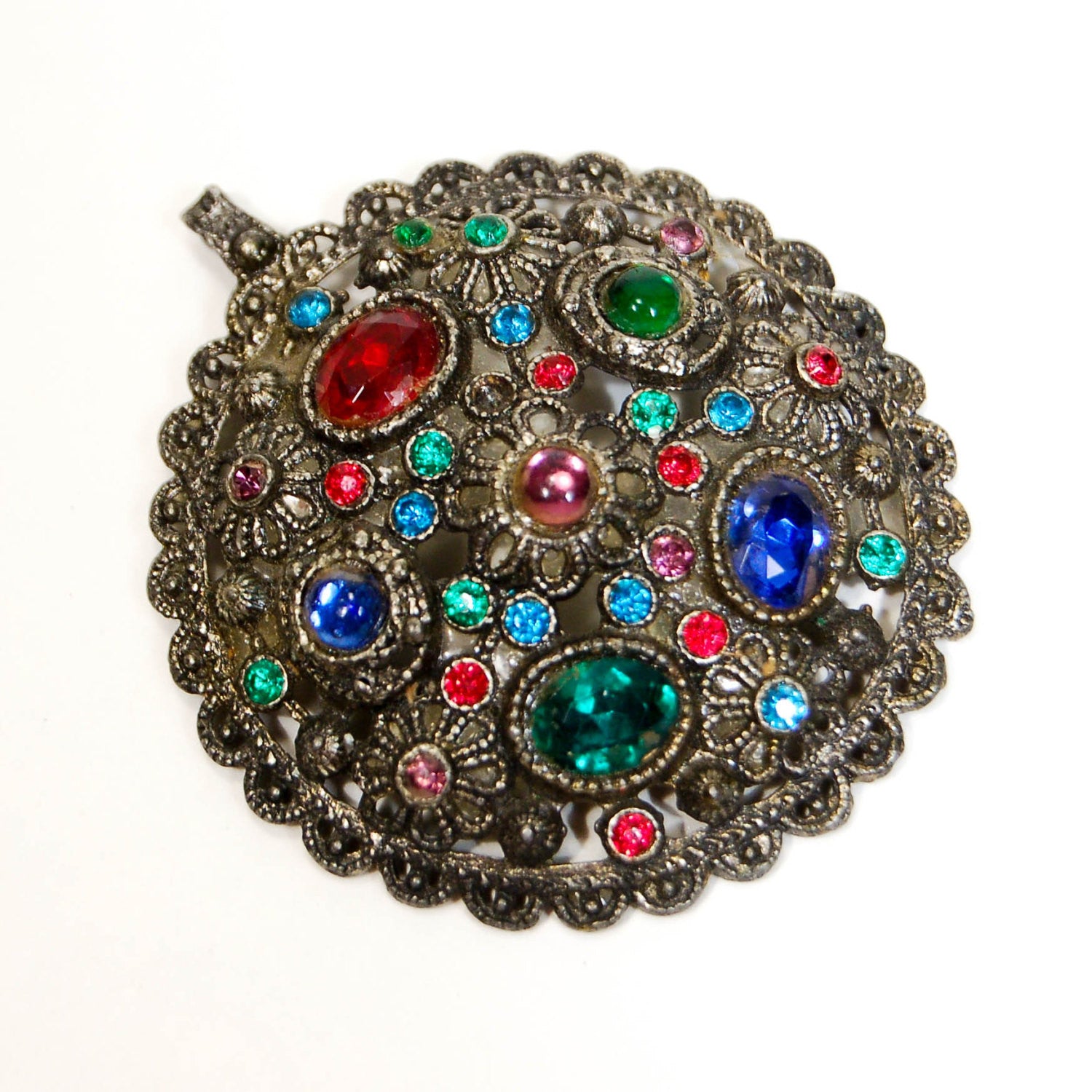 1930's Colorful Stained Glass Style Necklace Pendant by New England Glass by New England Glass - Vintage Meet Modern Vintage Jewelry - Chicago, Illinois - #oldhollywoodglamour #vintagemeetmodern #designervintage #jewelrybox #antiquejewelry #vintagejewelry