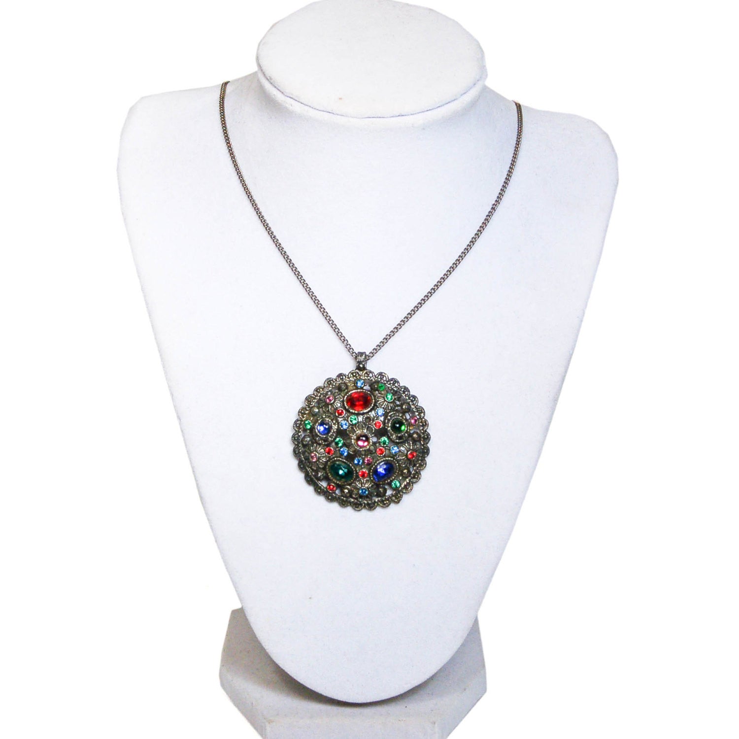 1930's Colorful Stained Glass Style Necklace Pendant by New England Glass by New England Glass - Vintage Meet Modern Vintage Jewelry - Chicago, Illinois - #oldhollywoodglamour #vintagemeetmodern #designervintage #jewelrybox #antiquejewelry #vintagejewelry