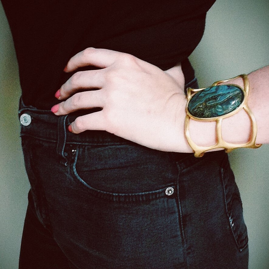 Wide Amazonite Cuff Bracelet by Shelia Fajl by Shelia Fajl - Vintage Meet Modern Vintage Jewelry - Chicago, Illinois - #oldhollywoodglamour #vintagemeetmodern #designervintage #jewelrybox #antiquejewelry #vintagejewelry