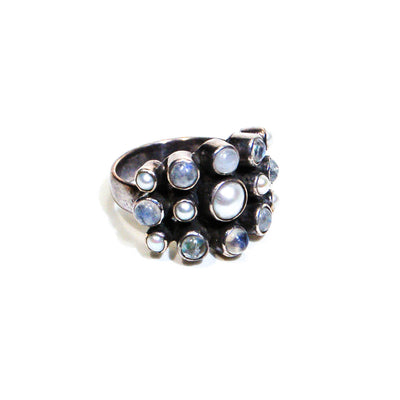 Moonstone and Pearl Statement Ring, Nicky Butler, Wide Band, Snake Eyes, Sterling Silver, Designer Jewelry, Size 10 by Nicky Butler - Vintage Meet Modern Vintage Jewelry - Chicago, Illinois - #oldhollywoodglamour #vintagemeetmodern #designervintage #jewelrybox #antiquejewelry #vintagejewelry